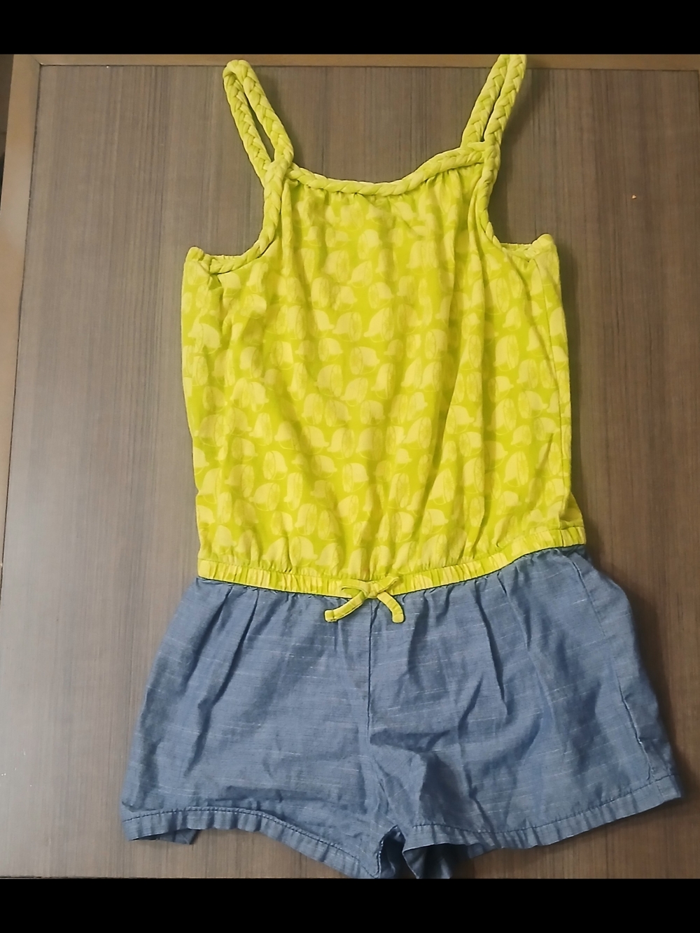 Kids Cherokee Lime Green and Chambray-Style One-Piece Romper 5T